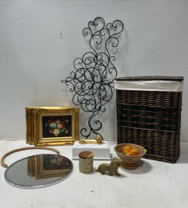 Home Decor- Metal Wall Art, Picture Frames, Round Mirror, Hamper And More