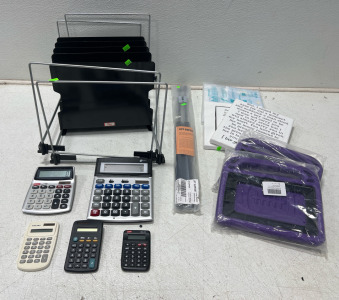 (2) File Cabinet Drawer Organizers, (2) Purple Kids Tablet Cases, Calculators, And Lift Supports