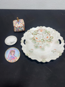 (1) Antique Flower Plate From Germany (1) Limoges France Porcelain 3-Inch Hand Painted Dish- Miniature Girl Portrait (1) Antique Flower Dish From Germany (1) Asian Porcelain Vintage Wilcox 3-Inch Square by 4 Inch High