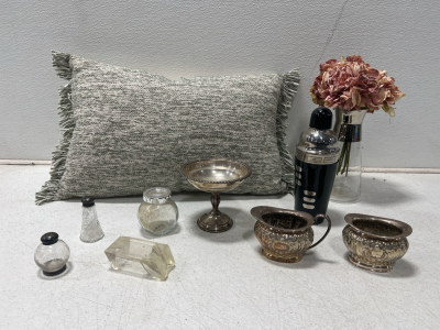 Assorted Home Decor- (1) Throw Pillow, Antique Metal Dishes Made In England, Drink Shaker, And Spice Jars