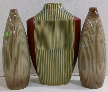 (3) Ceramic Vases - Ribbed Green & Terra Cotta Design