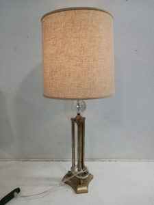 (1) Large Gold Metal Table Lamp - 38" Tall - Crystal Accent w/ Fabric Shade