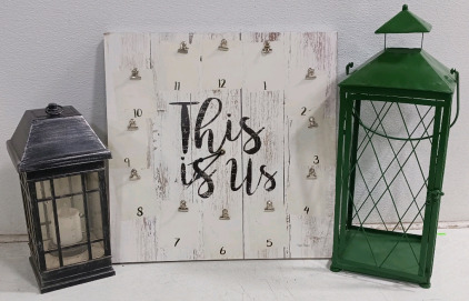 (3) Decorative Home Accents - (1) Solar-Powered Black Lantern (1) Green Metal Lantern (1) "This Is Us" Clock Memory Board