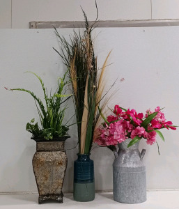 (3) Decorative Floral Arrangements - (1) Metal Milk Can (1) Blue Ceramic Vase (1) Embossed Glass Vase