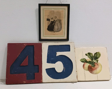 (4) Decorative Wall Pieces - (2) Number Signs (1) Framed Print (1) Produce Art