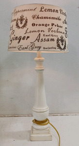 (1) White Wooden Table Lamp - Tea Script Shade