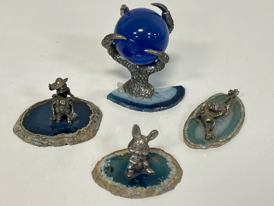 (4) Miniature Pewter Statues on Agate Geode Bases