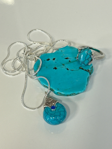 Turquoise Freeform Slice Gemstone, Size 7 Turquoise Ring, and Tibetan Silver Necklace with Turquoise Stone
