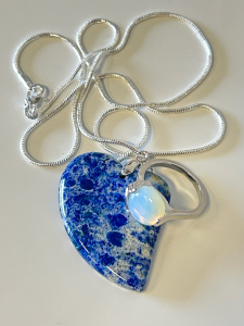 Size 9 Opal Ring and Blue Chrysanthemum Coral Heart Pendant Necklace