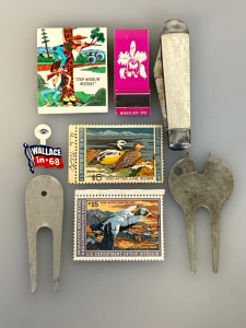 Vintage Matches, Duck Stamps, Golf Ball Markers, Collar Pin, and Pocket Knife