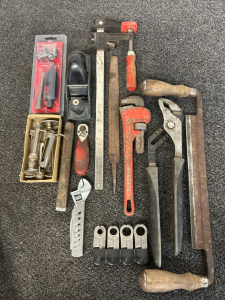 Various Tools: Clamp, Pipe Wrenches, Wood Tools and More