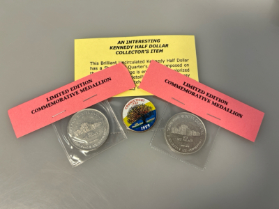 (2) Likited Edition Commemorative Medallions and Kennedy Half Dollar
