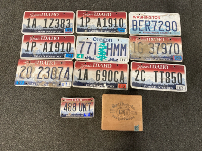 Assorted License Plates & Wooden Box