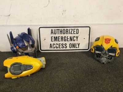Transformers Helmets and Emergency Access Only Sign