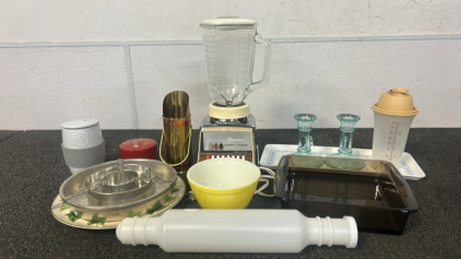 Vintage Pyrex Bowl And Glass Pan, Osterizer Blender, Gpads Candles, And More