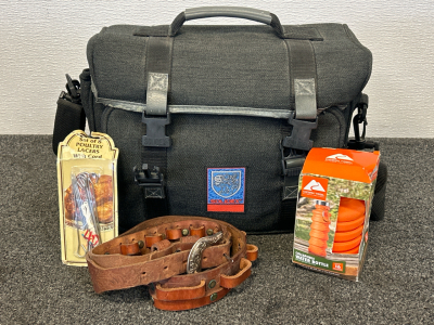 Solidex Storage Bag, Leather Ammo Belt, Poultry Lacers and Ozark Trail Collapsible Water Bottle