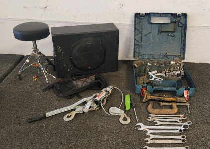 Rockford Fosgate 10" Powerd Subwoofer... Bell Bicycle Backpack.. Small Folding Stool.. Cable Winch Puller 4000lb Capacity... Assorted End Wrenches Sockets and More...