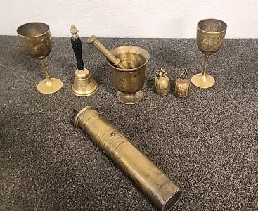 Brass Pestol Hand Held Turkish Brass Spice Mill and Cup... Brass wine Cups 3 Brass Bells..