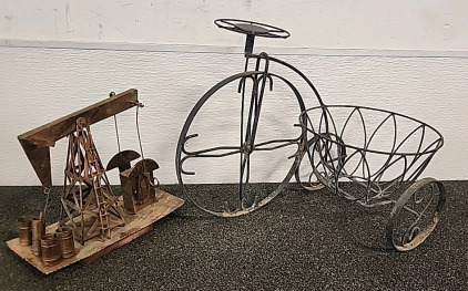 Wind Up Oil Well with Chime.. Bicycle Flower Pot..