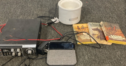 Courier Spartan Radio, Ihome Powervalet Alarm Clock, Mini Crockpot, & Books