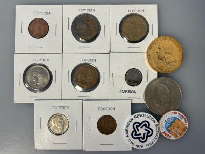 Foreign Coins, Churchill Coin, State Quarter, and American Revolution Bicentennial Coin
