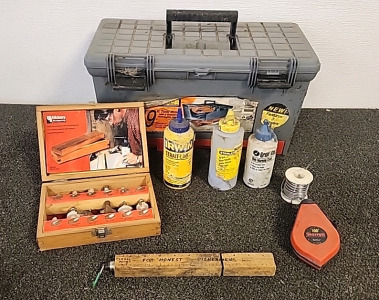 19" Tool Box Full of Nails ... Hickory Woodworking Router Bits that fit 1/4" Routers... 100' String line... 3 Bottles of Chalk.. Fish Scale and Mesuring Stick.. with hidden knife..