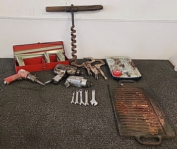 Antique Hand Drill... Pneumatic Impact Wrenches... Air Chisel... 2 Metal Clamps.. .. Small Wrenches Cast Iron Griddle.. And Much Much More..