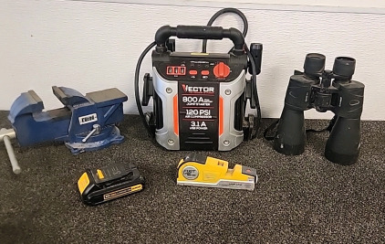 Vector 800A Jump Starter.. 120 PSI AIR Compressor.. 3.1 USB Power... Central Forge Vice... Barska 10-30&times;60 Binoculars... FixIT Laser Line.. 20V Max/Lithium DeWalt Battery..
