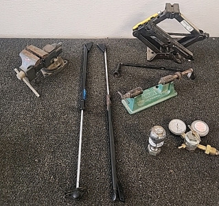 Small Bench Vice... Hatch Lifting Arms.. RCBS Case Trimmer 2 (Reloading Equipment) Car Scissor Jack... 2"Ball .. Oxygen Gages..