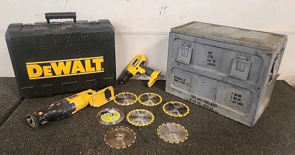Large Ammo Box... DeWalt Sawzall (no Battery) Dewalt Drill (no Battery) 7 Dewalt 5.3/8" Various Wood Saw Blades...And Large DeWalt Case..