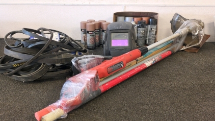 Trimmer, Rulers, Shovel, and Pry Bar, Welder's Mask, Vehicle Belts, and Spray Paint