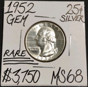 1952 MS68 Rare Gem Silver Washington Quarter