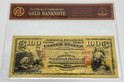 $100 United States 99.9% Pure 24k Carat Gold Banknote (Sleeved)