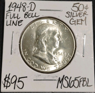 1948-D MS65FBL Full Bell Line Silver Half Dollar