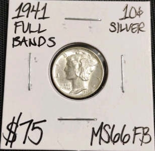 1941 MS66FB Full Bands Silver Mercury Dime
