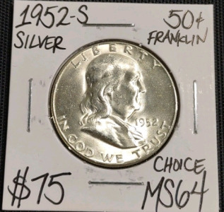 1952-S MS64 Choice Silver Franklin Half Dollar