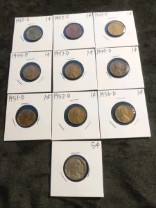 10) Coins 1910-1956 Pennies and Buffalo Nickel