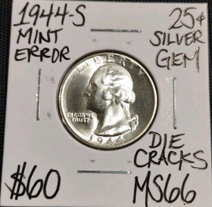 1944-S MS66 Mint Error Gem Silver Quarter
