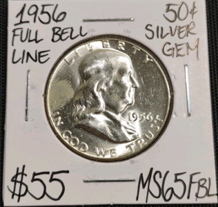 1956 MS65FBL Full Bell Line Gem Franklin Half Dollar