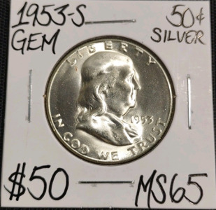 1953-S MS65 Gem Silver Franklin Half Dollar