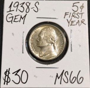 1938-S MS66 Gem 1st Year Jefferson Nickel