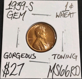 1939-S MS66RD Gem Red Wheat Penny