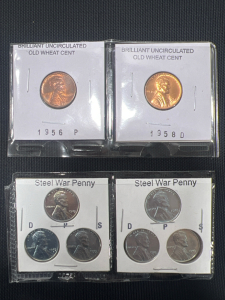 (6) Steel War Pennies 1943 (2) Brilliant Uncirculated Old Wheat Cent 1956 & 1958
