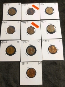 (10) Pennies 1941-1981, Mint Error 1944 Wheat, 1949 Mint Error Wheat