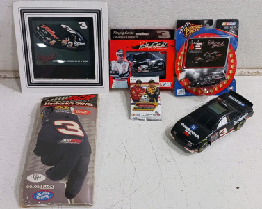(6) Dale Earnhardt Collectibles - (2) Diecast Cars (1) Gloves (1) Framed Display (1) Trading Card Pack (1) Playing Card Deck