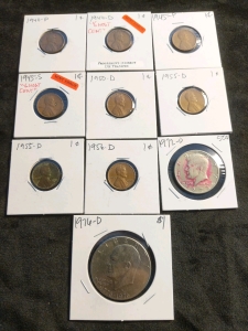 10) Coins 1940-1956 Pennies, 1972 Kennedy Half Dollar, 1976 Eisenhower Dollar