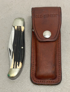 Old Timer Folding Knife And Leather Belt Pouch