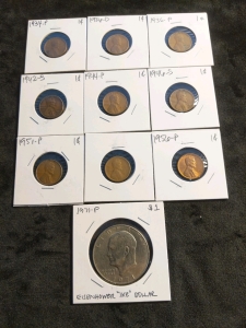 10) Coins, 1934-1956 Pennies, 1971 Eisenhower Dollar