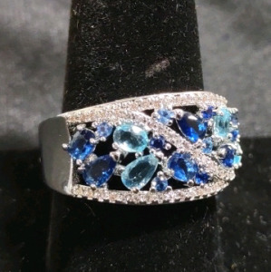 Size 10 Blue Sapphire & Aquamarine Silver Toned Ring