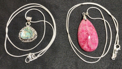 (1) 60.95ct. Natural Peachblow Chrysanthemum Coral Tear Drop Pendant 925 Necklace & (1) Tibetan Silver Wrapped Abalone Shell 925. Necklace